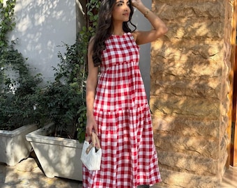 red gingham milkmaid dress Red Gingham Milkmaid Dress: Ruffled Polka Dot Midi