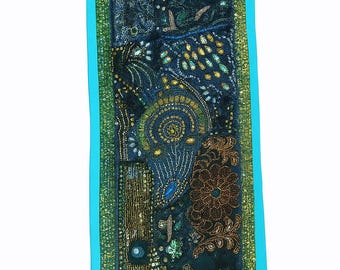 Handmade Beaded Sari Tapestry – 10x30 Inch Embroidered Wall Hanging