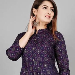 Purple Anarkali Maxi Dress, Indian Long Kurti for Women, Ethnic Printed Gown Style Dress, Festival Outfit, Flared Cotton Dress