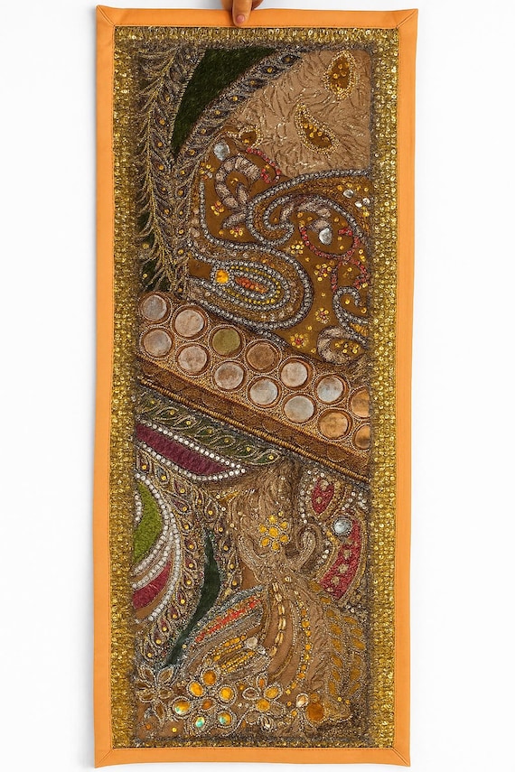 Boho Embroidered Wall Hanging: Vintage Indian Textile Art with Mirror Work