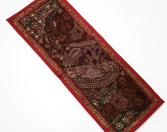 Handmade Embroidered Tapestry Runner – Vintage Zari Beaded Indian Textile