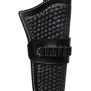 May include: Black leather holster with a basketweave pattern and white stitching. The holster has a belt loop and a cartridge holder. The leather is textured and the design is classic.