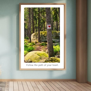 Forest Path Wall Art – Printable Poster with Heart Trail Sign – Scandinavian Nature Photography