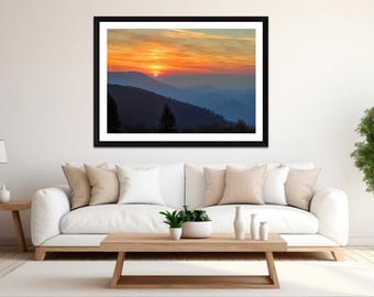 Impresión digital minimalista de atardecer en la montaña / Póster imprimible de paisaje sereno / Arte de regalo inspirado en un cielo naranja cálido para la decoración de la oficina o el hogar