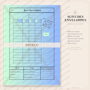 May include: A printable budget tracker sheet with a blue and green gradient background. The document features a table for envelope tracking, a notes section, and summary fields for monthly expenses, all labeled in French with the title Suivi des enveloppes.