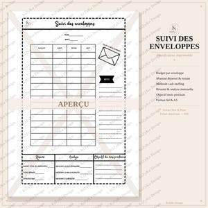 May include: A black and white printable budget tracker sheet titled Suivi des enveloppes. It features a table for envelope tracking, budget, expenses, and remaining balance, plus sections for notes, a monthly summary, analysis, and goals.