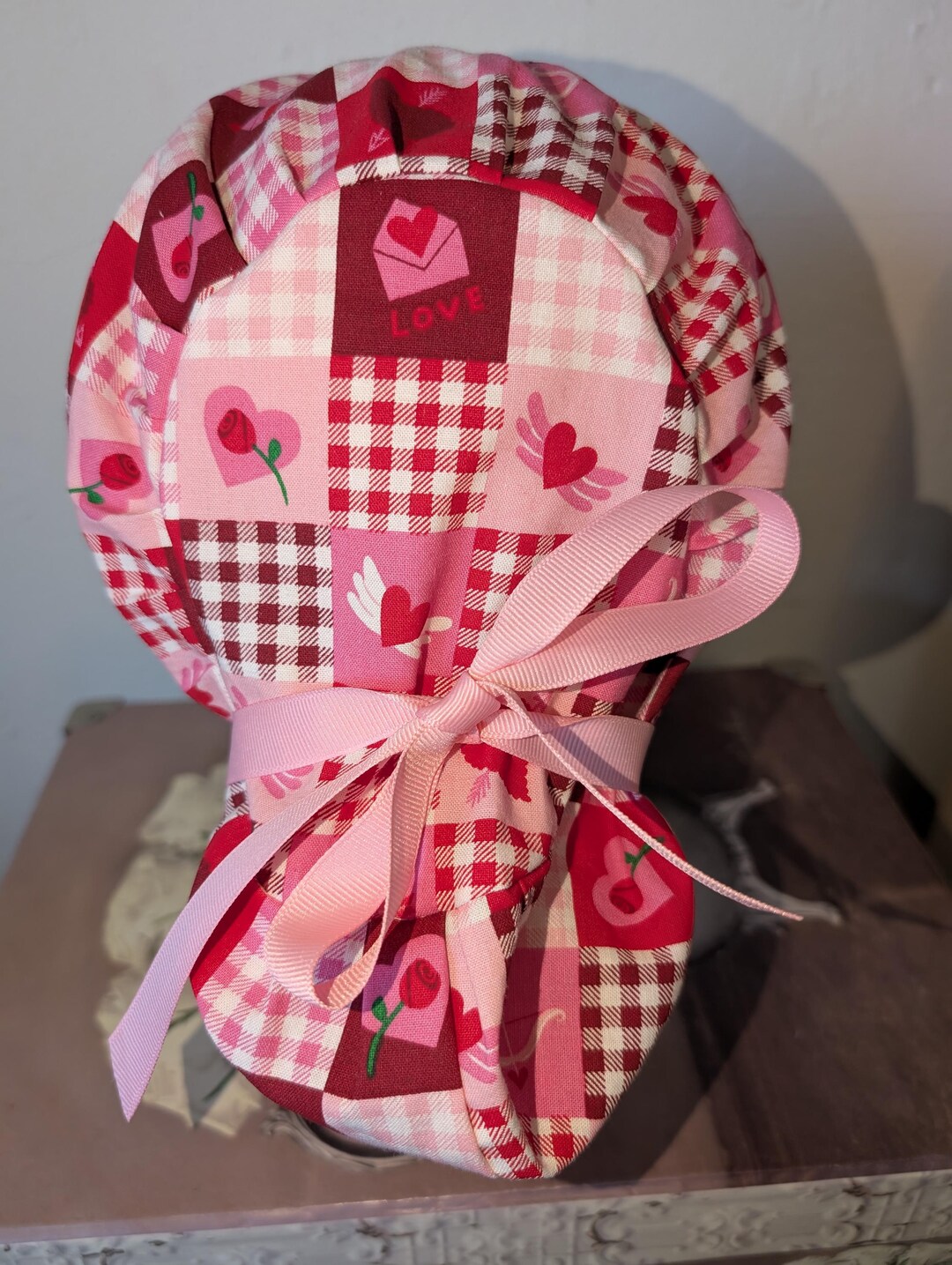 Surgical Scrub Cap Hat Hearts Roses and Love Letters Gingham Pink ...