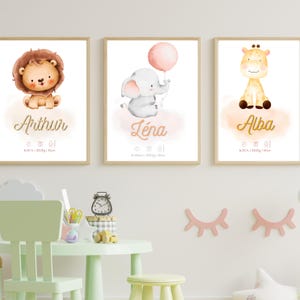 Póster de nacimiento personalizado de safari: nombre, fecha, peso y altura. Decoración para habitación de bebé. Regalo original de nacimiento.