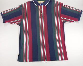 90s Bold Stripe Polo Shirt Red Green Blue Vertical Pattern Bugle Boy Company - Vintage