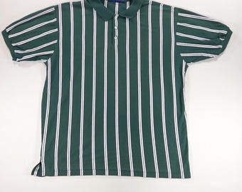 90s Grün Vertikal Gestreiftes Poloshirt – Claybinder XL USA Made