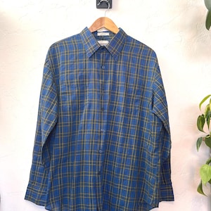 Campus Long Sleeve Button-Up – Blue & Yellow Plaid – Size XL – 65/35 Poly-Cotton - Vintage