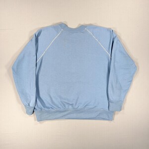 May include: A pale blue sweatshirt with a crew neck and long sleeves. White stitching details the shoulder seams. The cuffs and waistband are a slightly darker shade of blue.