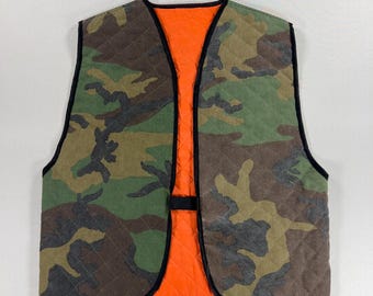 90s Camo Hunting Vest Blaze Orange Quilted Liner USA Made Field Vest - Vintage