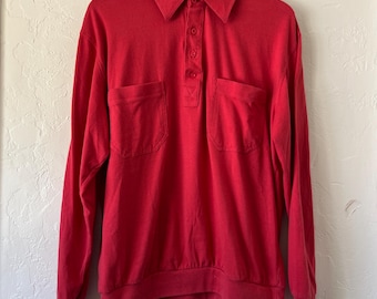 Vintage rood gebreid poloshirt jaren 90 - John Blair-trui met lange mouwen, maat L