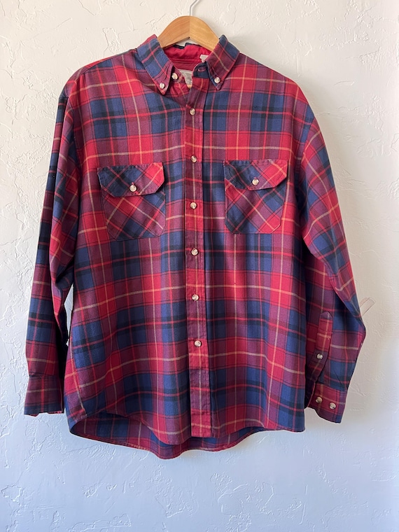 Vintage 90s Plaid Flannel Shirt: Red & Navy Acrylic, Boxy Fit - Etsy