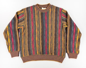 Suéter de punto de lana merino multicolor texturizado de los años 90, hecho en Italia, inspirado en Coogi Vintage