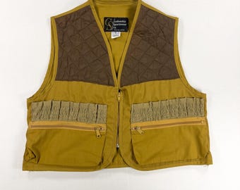 Gilet da pesca Columbia anni '80 color senape, gilet multiuso con tasche multiple, prodotto a Portland, Oregon, USA, vintage