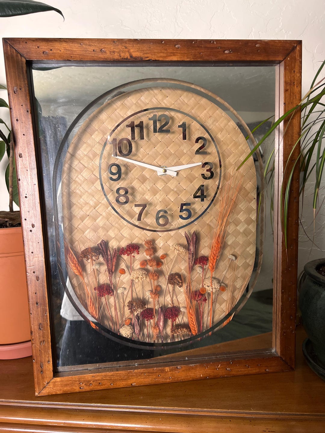 Vintage Dried Flower Wall Clock – Rustic Framed Basket Weave Art, 1980s ...