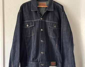 90s Guess Dark Blue Denim Jacket XXL - Made in USA - American Trad Jeans - Vintage