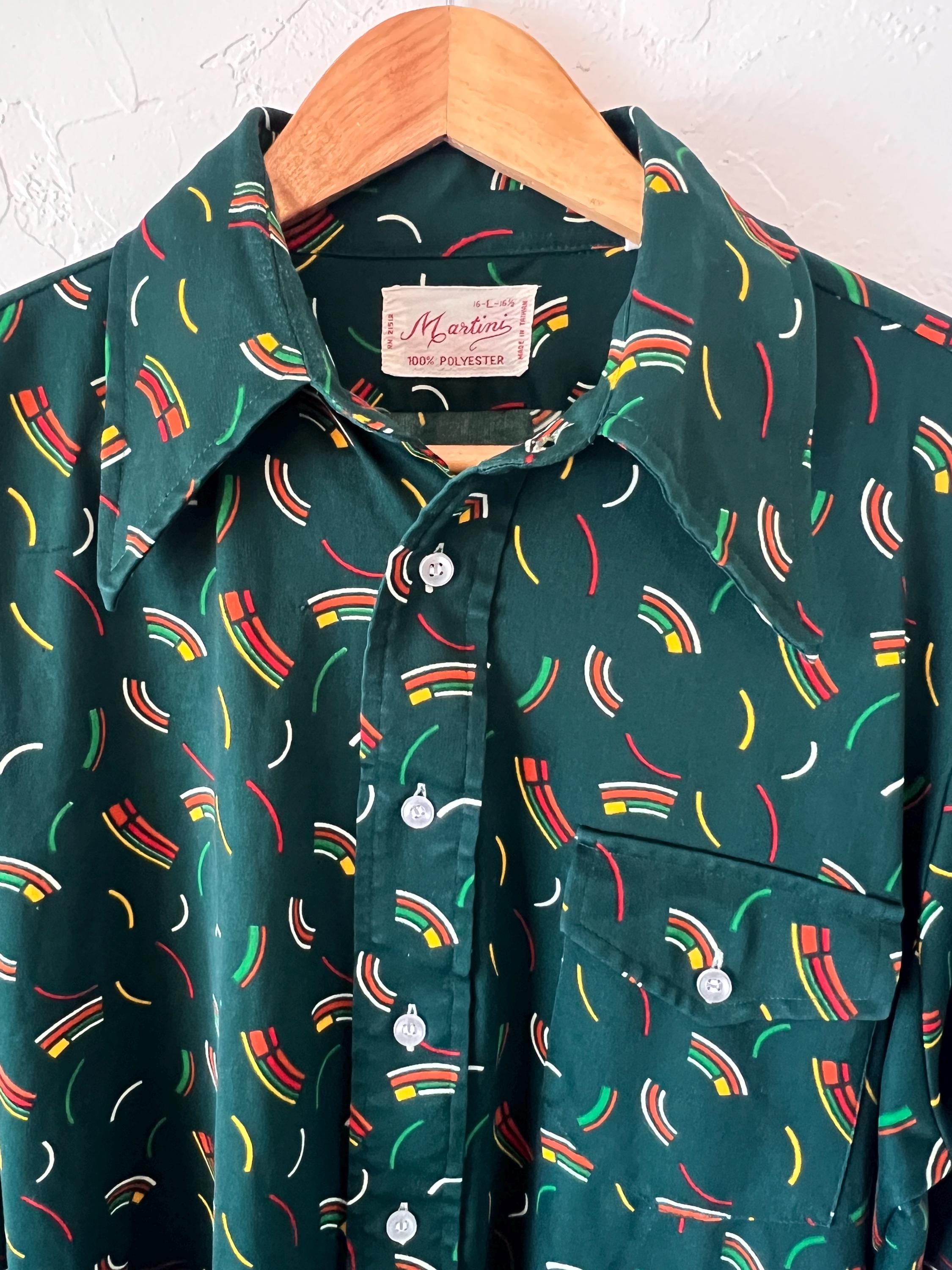 70s Martini Disco Shirt – Bold Green Patterned Long Sleeve Made in