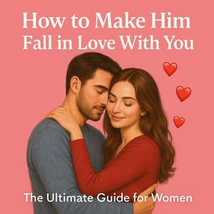 May include: Image of a couple embracing, set against a pink background. The text "How to Make Him Fall in Love With You" is at the top, with "The Ultimate Guide for Women" at the bottom. Three red hearts are on the right.