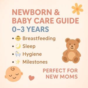 Könnte beinhalten: Hellbeige Grafik mit dem Text "NEWBORN & BABY CARE GUIDE 0-3 YEARS". Themen sind Stillen, Schlaf, Hygiene und Meilensteine. Ein Teddybär und eine Babygrafik sind ebenfalls enthalten.