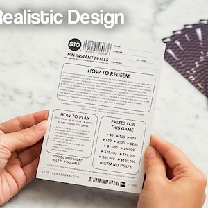 May include: A lottery ticket held by hands, featuring the text "WIN INSTANT PRIZES" and "$10". The ticket includes instructions on how to play and redeem, with prize amounts listed. A stack of similar tickets is visible in the background.