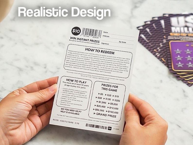 May include: A lottery ticket held by hands, featuring the text "WIN INSTANT PRIZES" and "$10". The ticket includes instructions on how to play and redeem, with prize amounts listed. A stack of similar tickets is visible in the background.