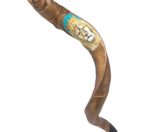 Hand-Painted Lion of Judah Shofar: Leather-Covered Natural Horn, Handmade in Israel