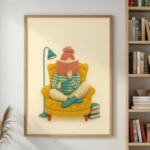 Reading Nook Art Print, Cozy Embroidered Style Illustration (Digital Download)