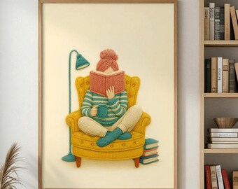 Reading Nook Art Print, Cozy Embroidered Style Illustration (Digital Download)