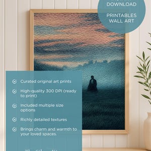 May include: A framed print featuring a serene landscape with a figure in the distance. The artwork showcases a blend of blue, green, and peach tones, with the text "INSTANT DOWNLOAD PRINTABLES WALL ART" and "The Silent Kit".