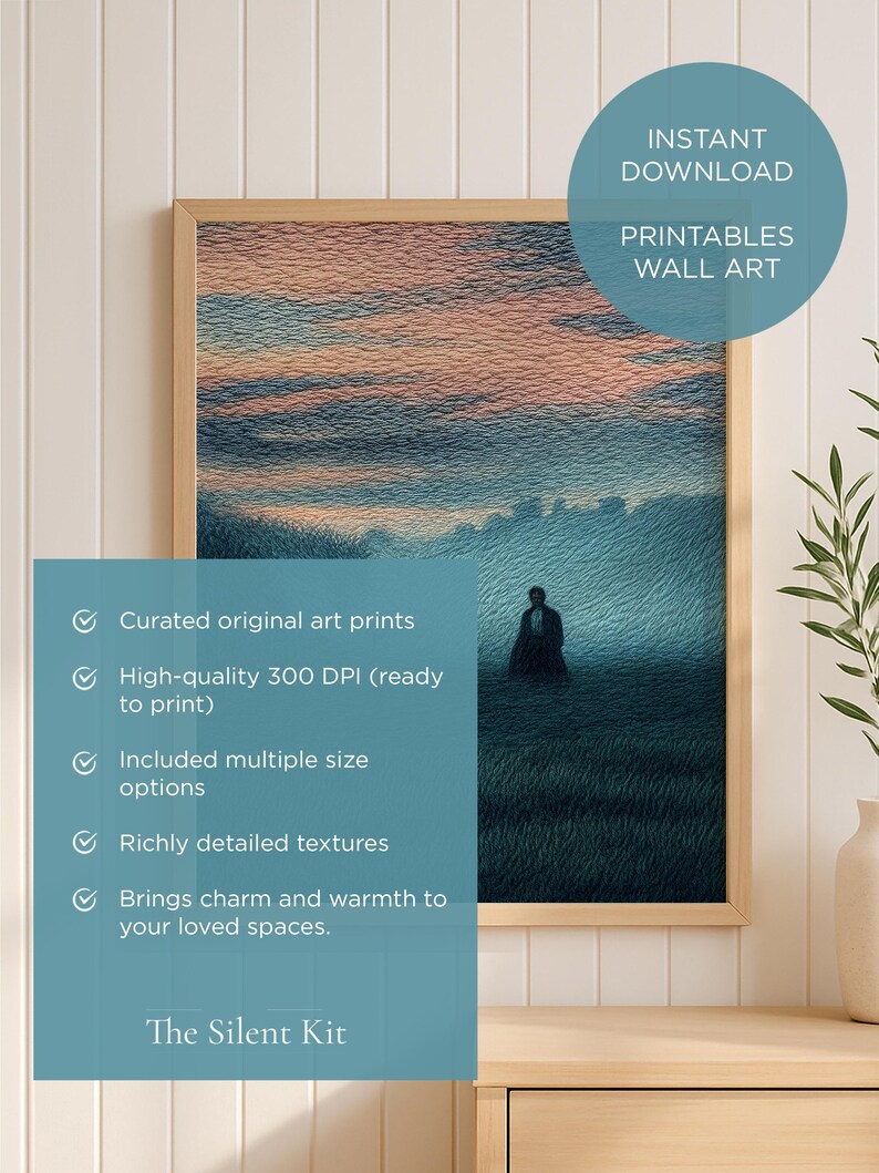 May include: A framed print featuring a serene landscape with a figure in the distance. The artwork showcases a blend of blue, green, and peach tones, with the text "INSTANT DOWNLOAD PRINTABLES WALL ART" and "The Silent Kit".