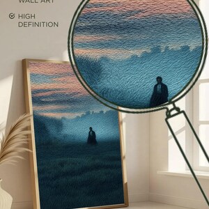 May include: Textile-style wall art print featuring a serene landscape with a figure in the distance. The artwork has a textured appearance, with a color palette of blues, greens, and pinks. The text "The Silent Kit" is at the bottom.