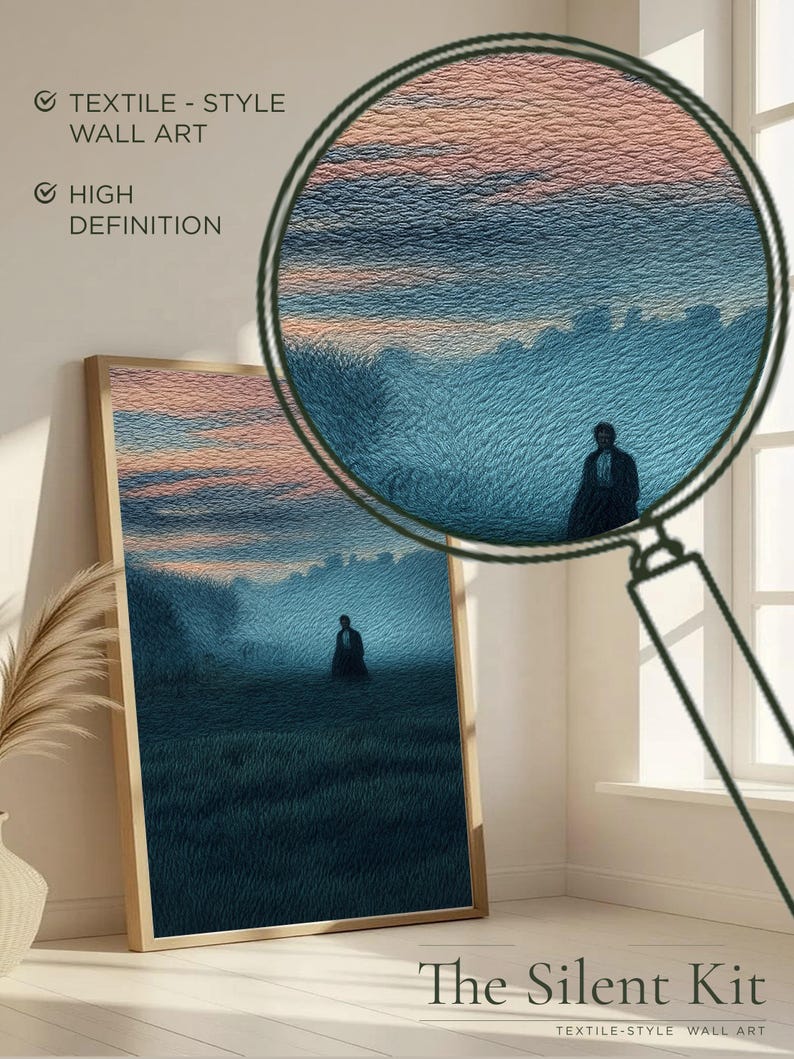 May include: Textile-style wall art print featuring a serene landscape with a figure in the distance. The artwork has a textured appearance, with a color palette of blues, greens, and pinks. The text "The Silent Kit" is at the bottom.