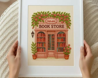 Booklover Wall Art, Bookish decor, Vintage Bookstore Art Print, Cozy Bookshop, Booknook Art, Embroidery Illustration (Digital Download)