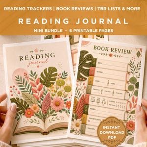 May include: A reading journal mini bundle consisting of six printable pages. The cover features an open book with colorful embroidered-style flowers and leaves. The interior page includes a book review template with stacked book graphics and text.