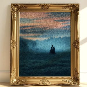 May include: A framed landscape painting with a gold ornate frame. The artwork depicts a figure in a field under a blue and pink sky. The painting has a textured, impressionistic style, evoking a sense of tranquility and solitude.