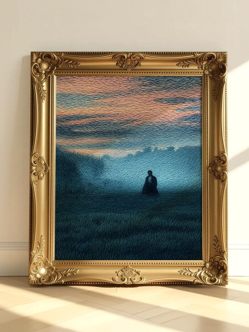 May include: A framed landscape painting with a gold ornate frame. The artwork depicts a figure in a field under a blue and pink sky. The painting has a textured, impressionistic style, evoking a sense of tranquility and solitude.