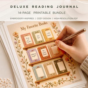 May include: A deluxe reading journal printable bundle with an embroidery-inspired design. The journal features a "My Favorite Books" page with illustrations of classic book covers. The text includes "Pride and Prejudice", "Jane Eyre", and "Little Women".