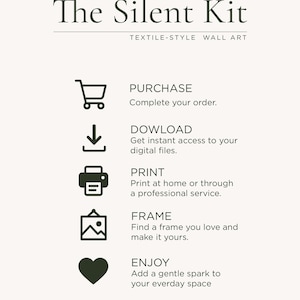 May include: A beige graphic with the text "The Silent Kit" and "TEXTILE-STYLE WALL ART". Below are icons and text: "PURCHASE", "DOWLOAD", "PRINT", "FRAME", and "ENJOY". The image is designed for wall art.
