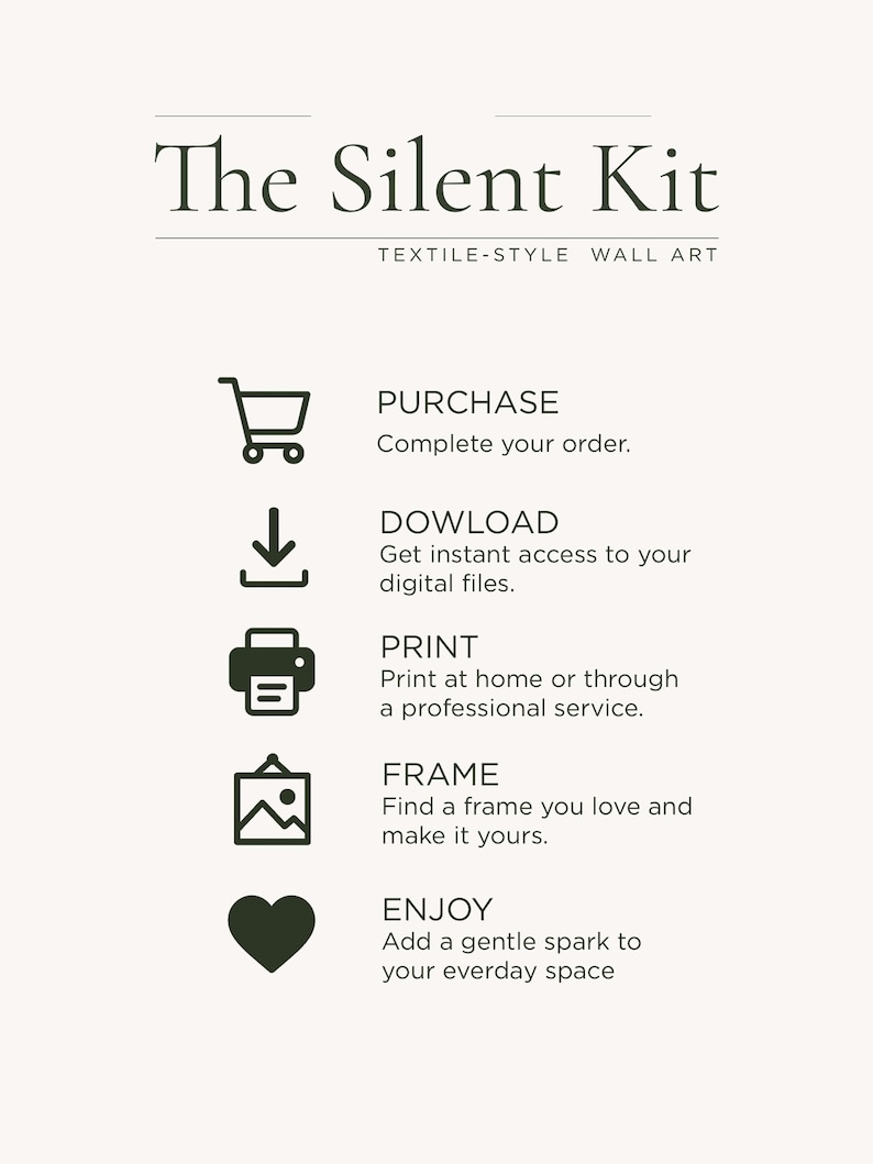 May include: A beige graphic with the text "The Silent Kit" and "TEXTILE-STYLE WALL ART". Below are icons and text: "PURCHASE", "DOWLOAD", "PRINT", "FRAME", and "ENJOY". The image is designed for wall art.