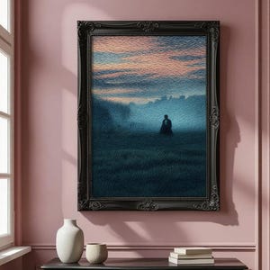 May include: A framed artwork depicts a solitary figure in a field under a dusky sky. The painting, in shades of blue, green, and orange, is set within a black ornate frame. The artwork hangs on a pink wall above a black table with decorative carvings.