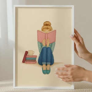 Woman Reading Print | Cozy Library Wall Art (Digital Download)