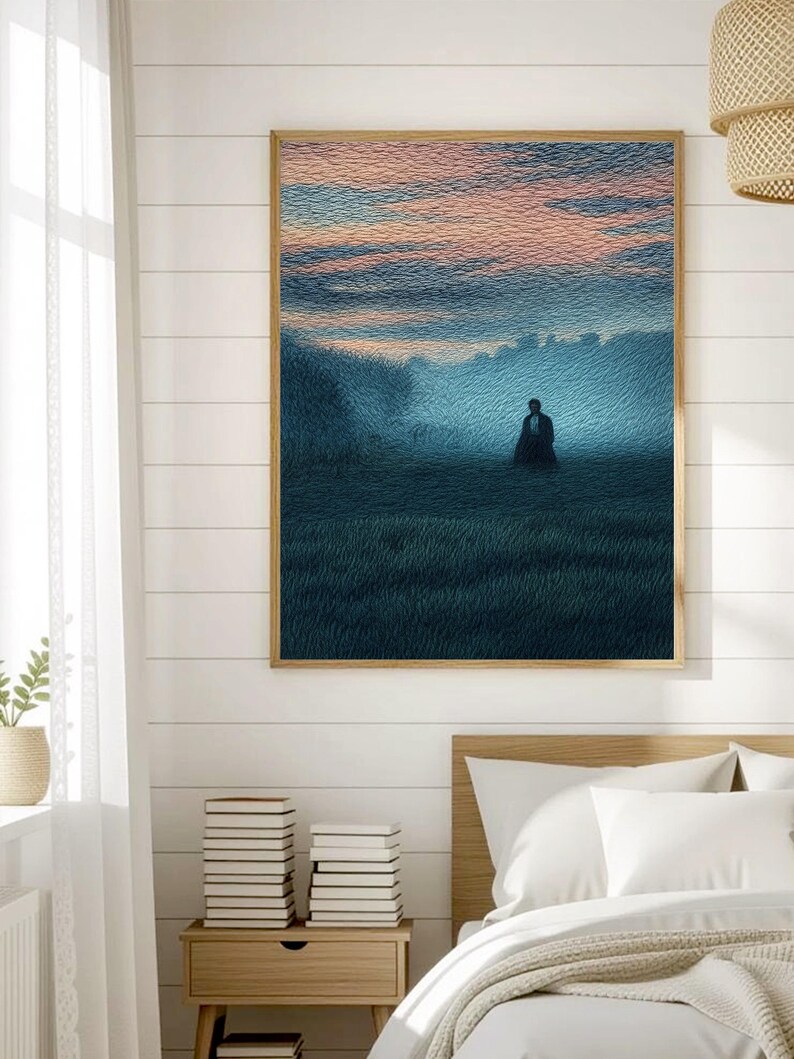May include: A framed art print depicts a solitary figure in a field, bathed in a soft, blue-toned light. The sky transitions from pink to blue, creating a serene and contemplative atmosphere. The artwork is displayed in a bedroom setting.