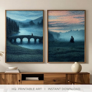 May include: Two framed landscape prints. One depicts a bridge over a misty river with a figure on the bridge. The other shows a figure in a field at dusk. The text "The Silent Kit" is at the bottom.