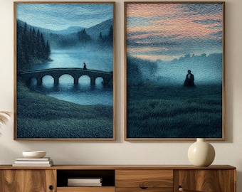 Pride and Prejudice Art Print Set of 2, Elizabeth and Mr. Darcy in the Mist, Romantic Moody Landscape, Jane Austen Poster (Digital Download)