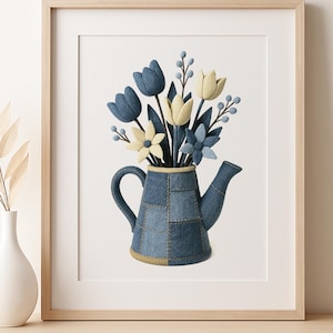 Blue Floral Wall Art Print Kitchen Decor Flower Vase Illustration Denim Texture Digital Download Printable Farmhouse Dining Room Art