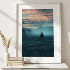 May include: Framed art print depicting a solitary figure in a field at dusk. The artwork features a color palette of blues, greens, and oranges, with a textured, painterly style. The print is displayed in a white frame.