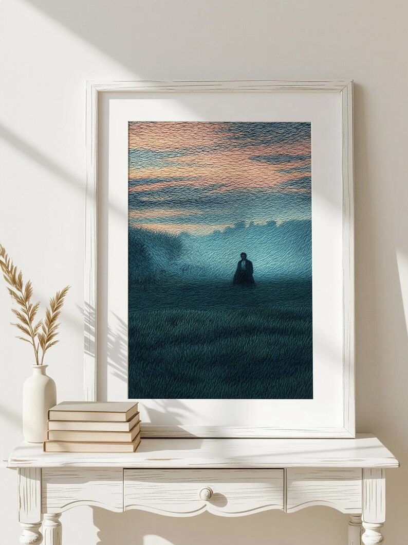 May include: Framed art print depicting a solitary figure in a field at dusk. The artwork features a color palette of blues, greens, and oranges, with a textured, painterly style. The print is displayed in a white frame.